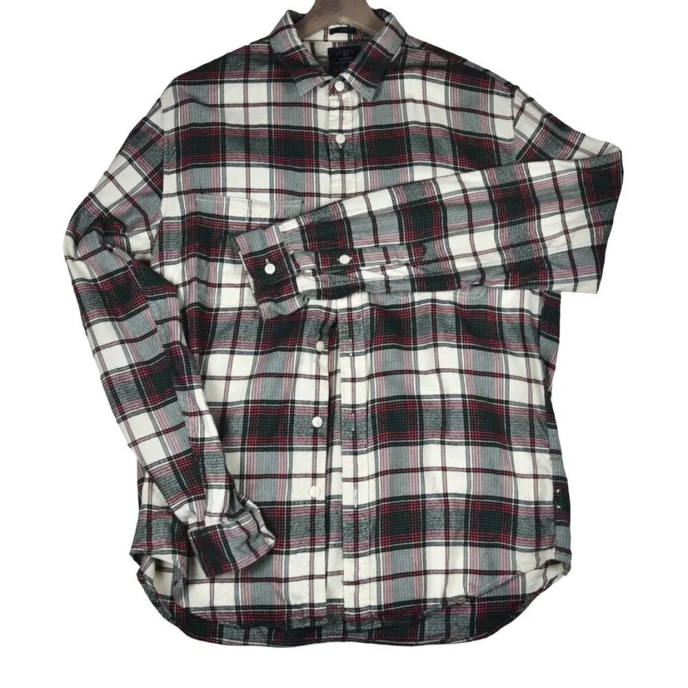 J. CREW Men's Slim Fit Flannel Shirt Sz L Ivory Green Plaid Grunge Hipster Soft